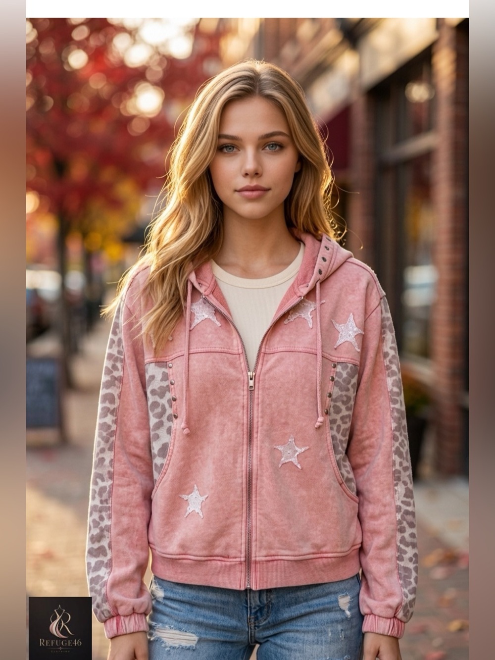 POL NWT Star & Leopard Accent Pink Set Zip Hoodie & Drawstring Waist Joggers SET - Picture 7 of 10
